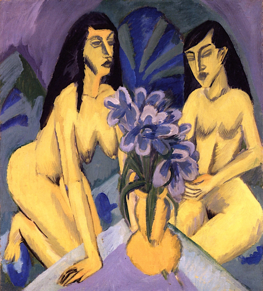 Ernst Ludwig Kirchner. Two naked women with a bouquet of flowers