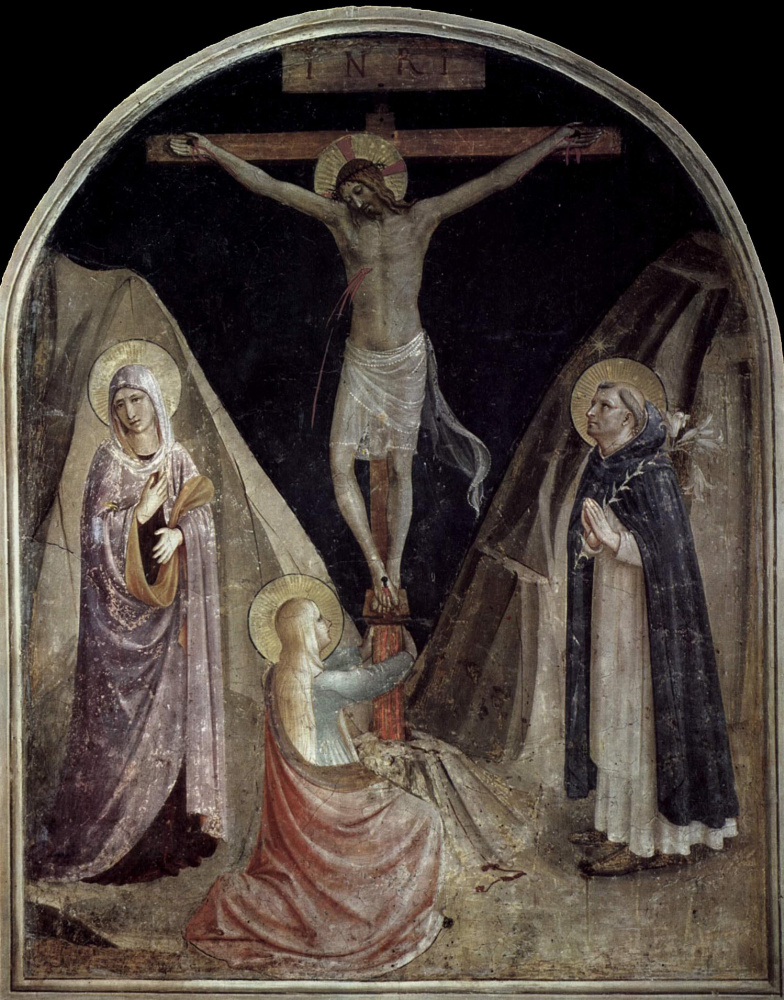 Fra Beato Angelico. Crucifixion with Mary, Saint Dominic and Mary Magdalene. Fresco of the Monastery of San Marco, Florence