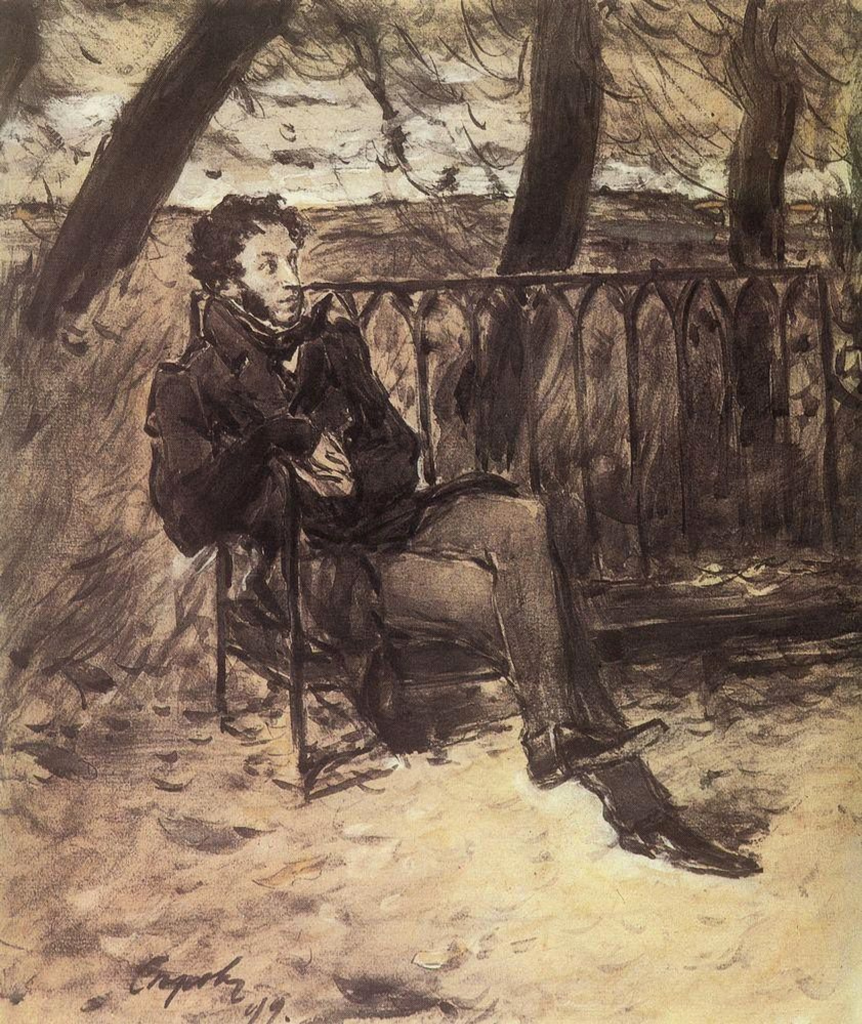 Валентин Александрович Серов - А. С. Пушкин на садовой скамье, 1899, 28×33  см: Описание произведения | Артхив