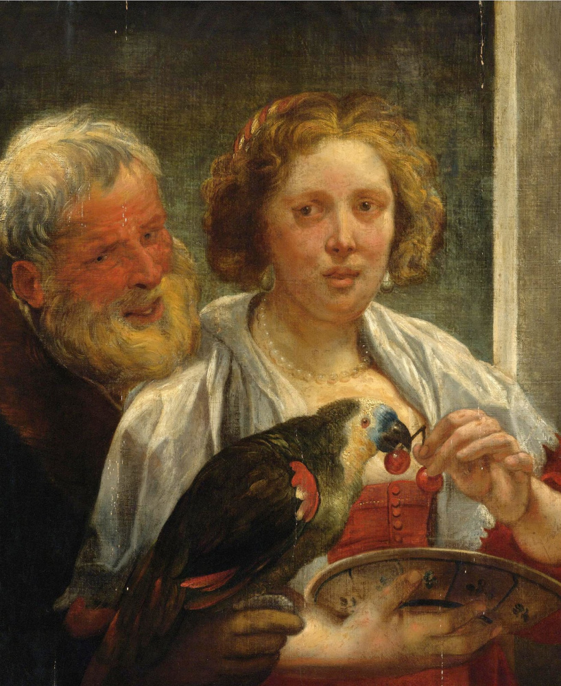 Jacob Jordaens. "Unrequited love". Bearded man and a lady with a parrot