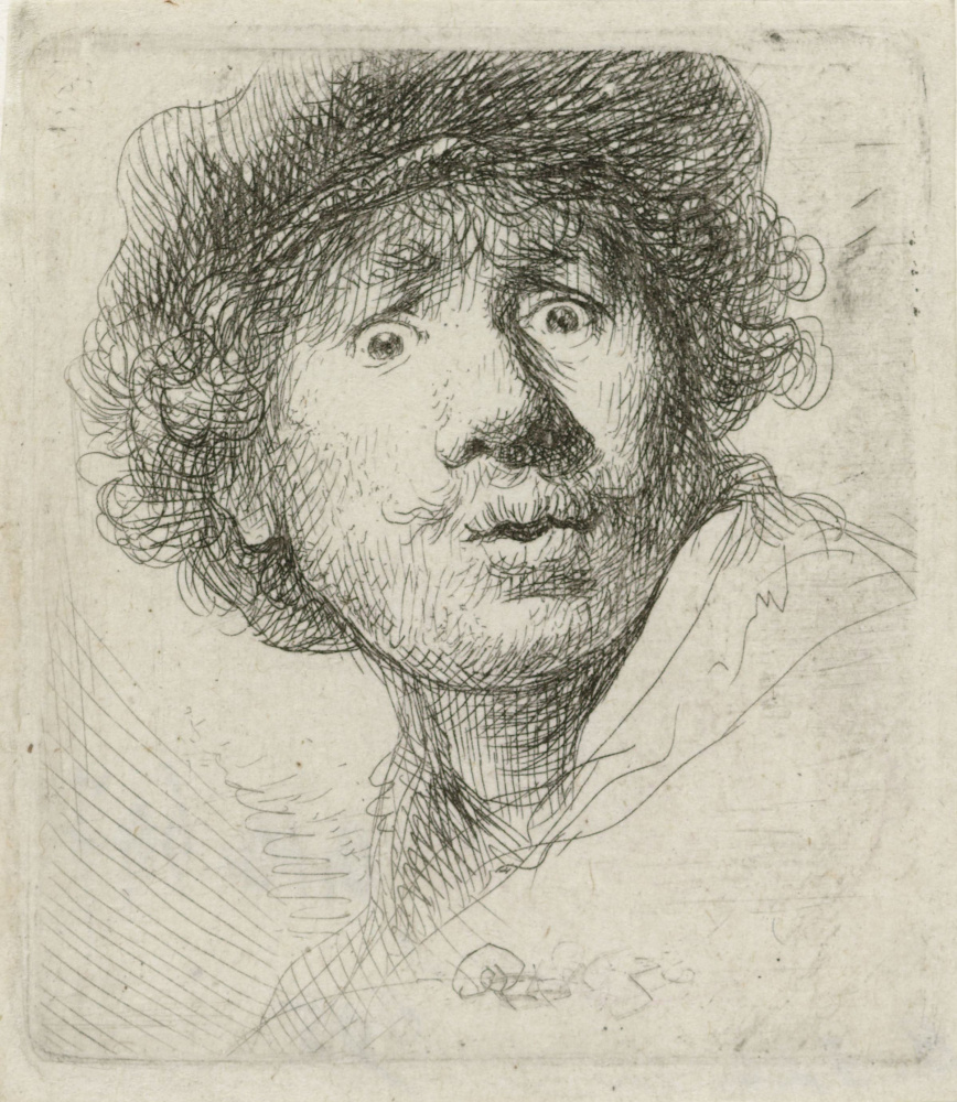 Rembrandt Harmenszoon van Rijn. Self-portrait in a beret and wide-eyed