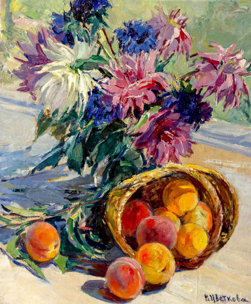 Valentina Petrovna Tsvetkova. Peaches and dahlias. 1965
