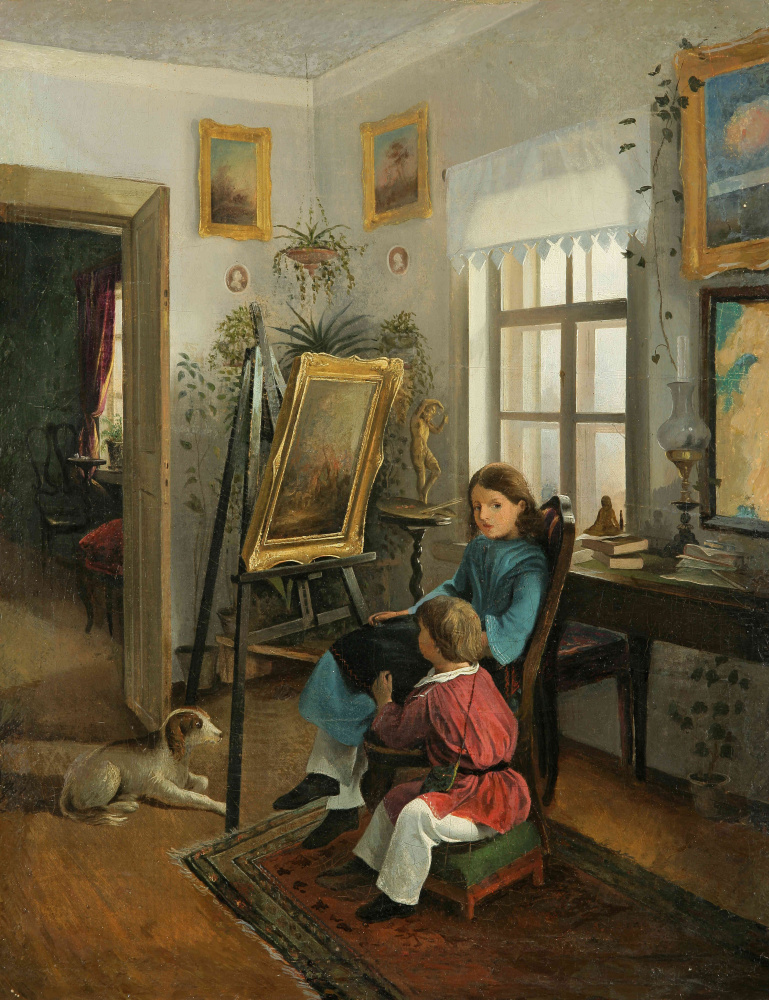 Ivan Fomich (Trofimovich) Khrutsky. In the rooms of the estate of the artist. (Children in front of the easel)