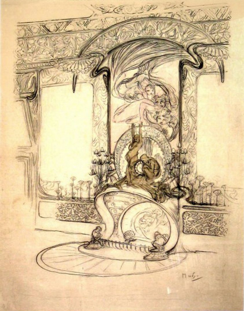 Alfonse Mucha. The interior of the boutique of Georges Fouquet. Sketch of fireplace design with mirror and figurines and decor items for the walls
