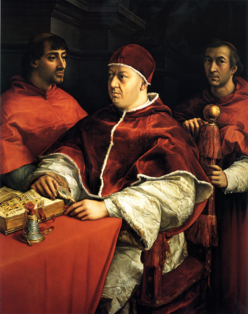 Raphael Sanzio. Portrait of Pope Leo X with Cardinals Giulio Medici and Luigi Rossi.