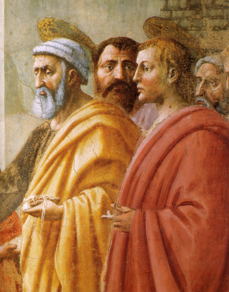 Tommaso Masaccio. Brancacci Chapel. Distribution of alms and death of Ananias. Fragment. St. Peter
