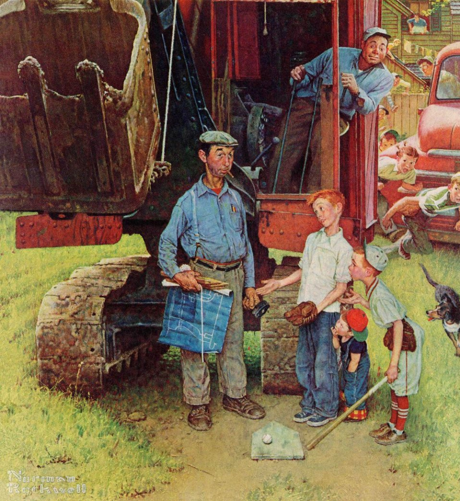 Norman Rockwell. A team of builders. Cover of "The Saturday Evening Post" (21 Aug 1954)