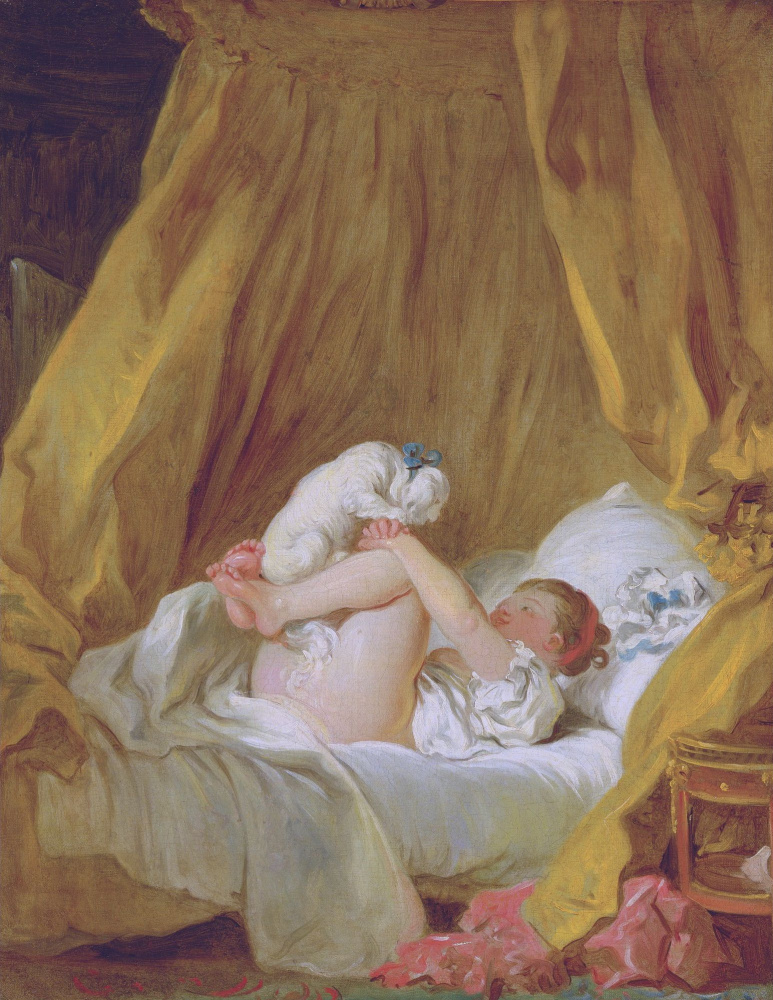 Jean Honore Fragonard. Girl in bed playing with a dog