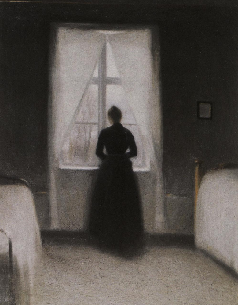 Вильгельм Хаммерсхёй. 卧室。与一名妇女的内部由窗口