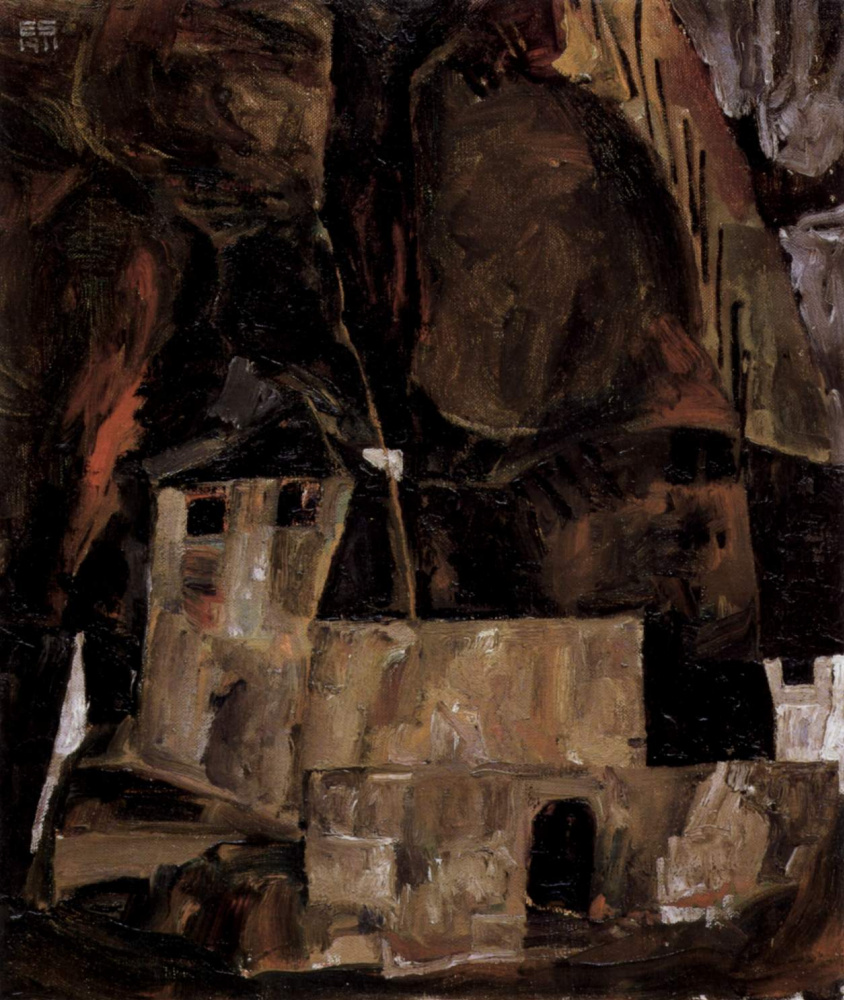 Egon Schiele. House with a wall and a fence in the hills