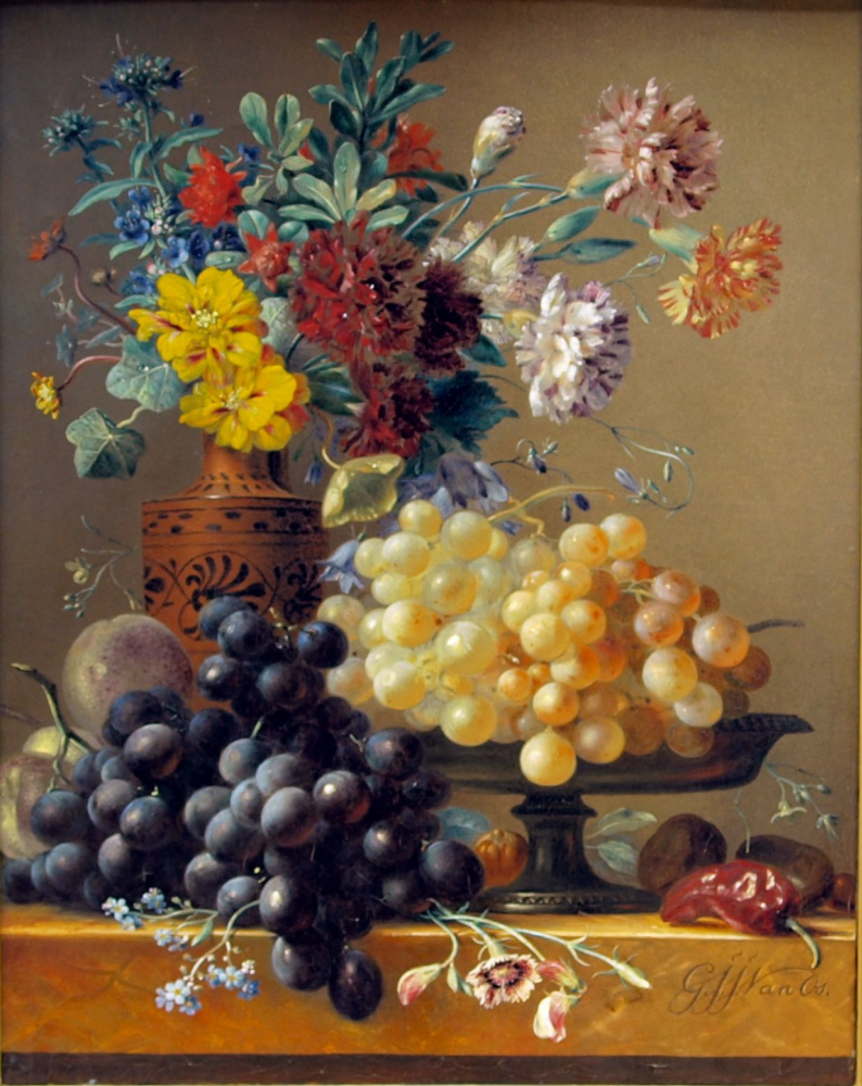 Georgius Jacobus Johannes van Os. Bodegón con frutas y flores en un jarrón griego.