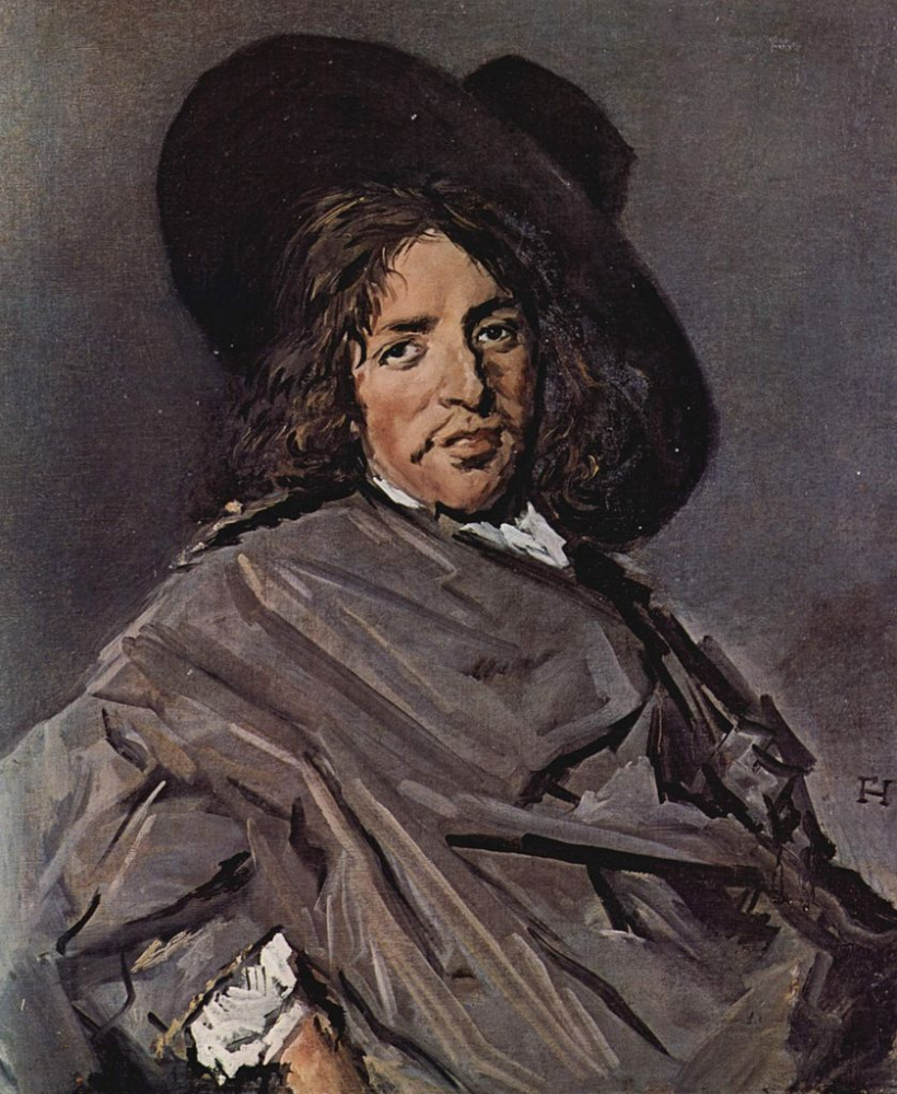 Frans Hals. Portrait of a seated man in a hat, dressed on one side