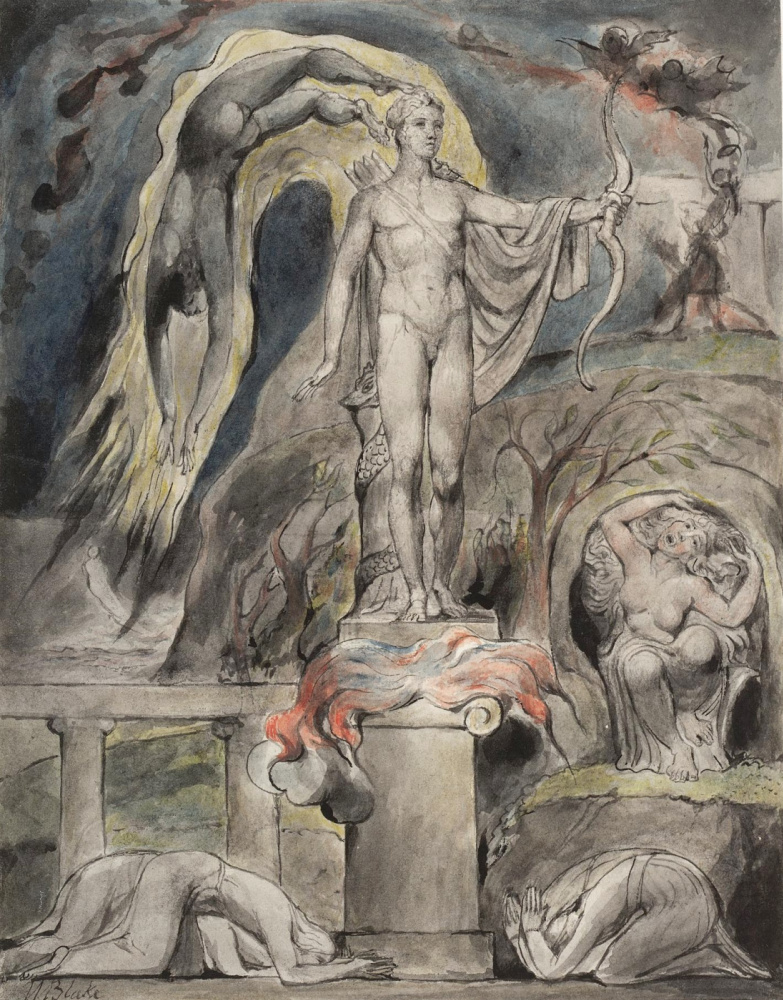 William Blake. The overthrow of Apollo and the pagan gods. Illustration for the poem by Milton "On the morning of Christ's Nativity"