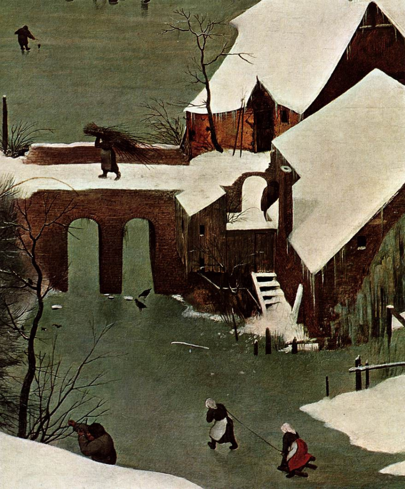 Pieter Bruegel The Elder. Hunters in the snow. Fragment 4. The bridge over the frozen river