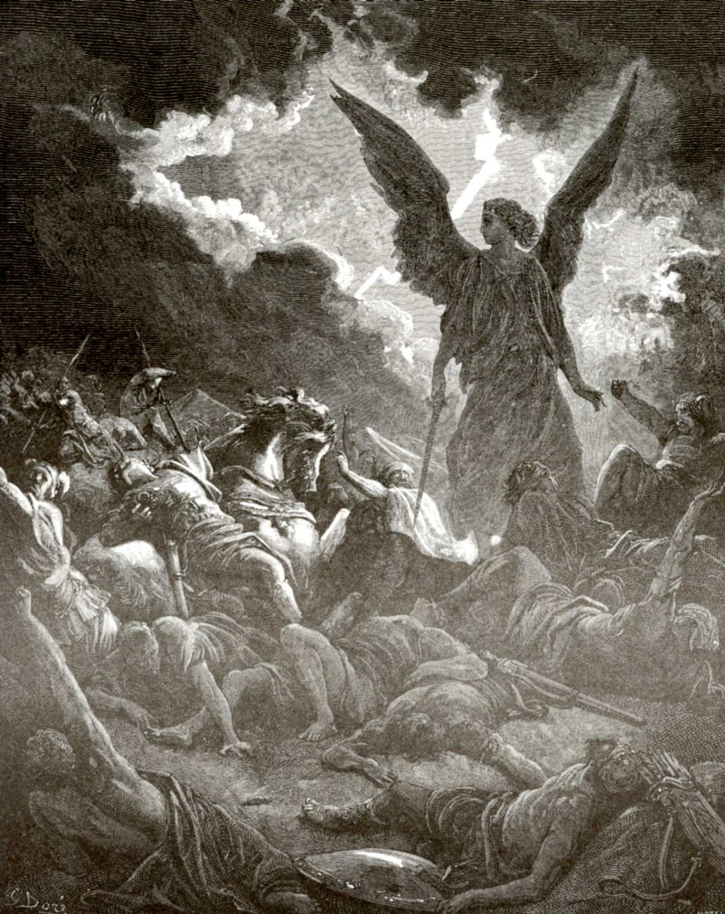 Поль Гюстав Доре. Иллюстрация к Библии: ангел Господень поражает воинов Сеннахирима