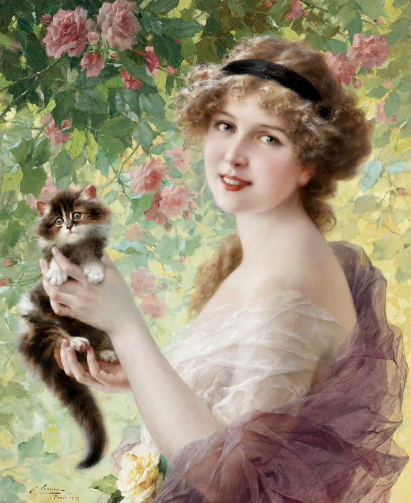 Emile Vernon. Her little kitten. 1919