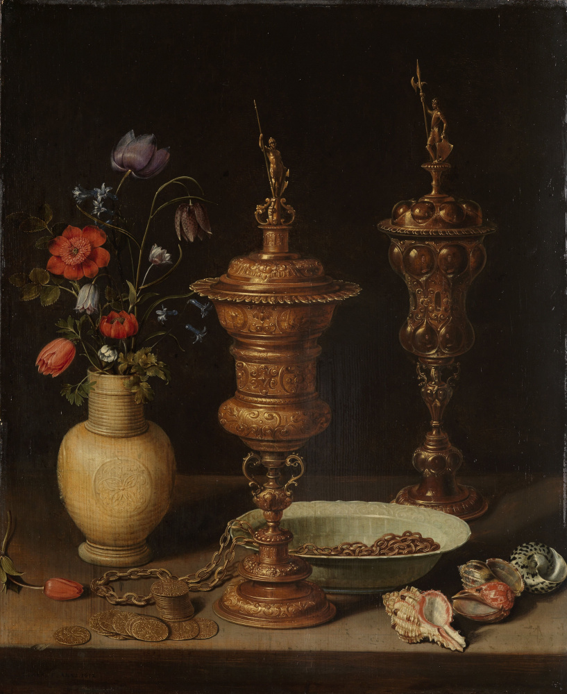 Clara Peters. Bodegón con flores, copas doradas, monedas y conchas.