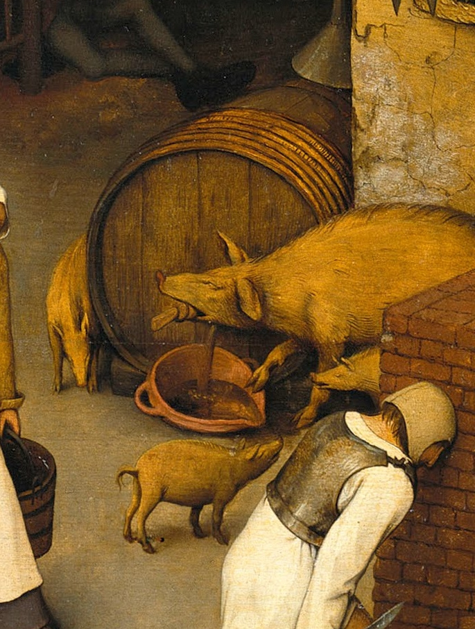 Pieter Bruegel The Elder. Flemish proverbs. Fragment: A pig opens a gag - carelessness turns into a disaster