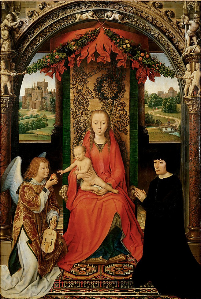 Hans Memling. Small triptych of St. John the Baptist. Central panel: Mary with child on a throne, the angel and the unknown donator