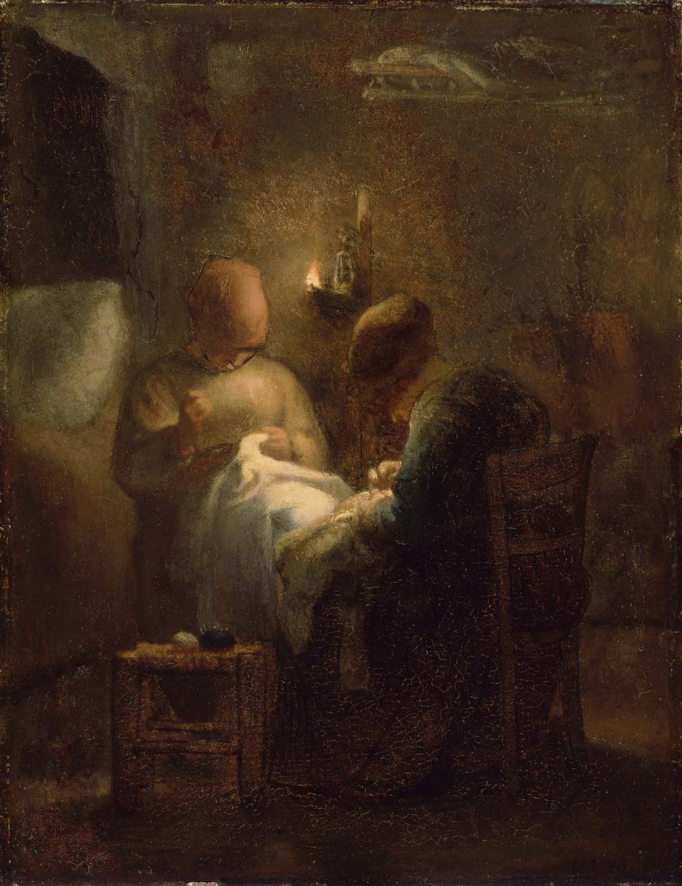 Jean-François Millet. Vigil. Women sew by lamplight