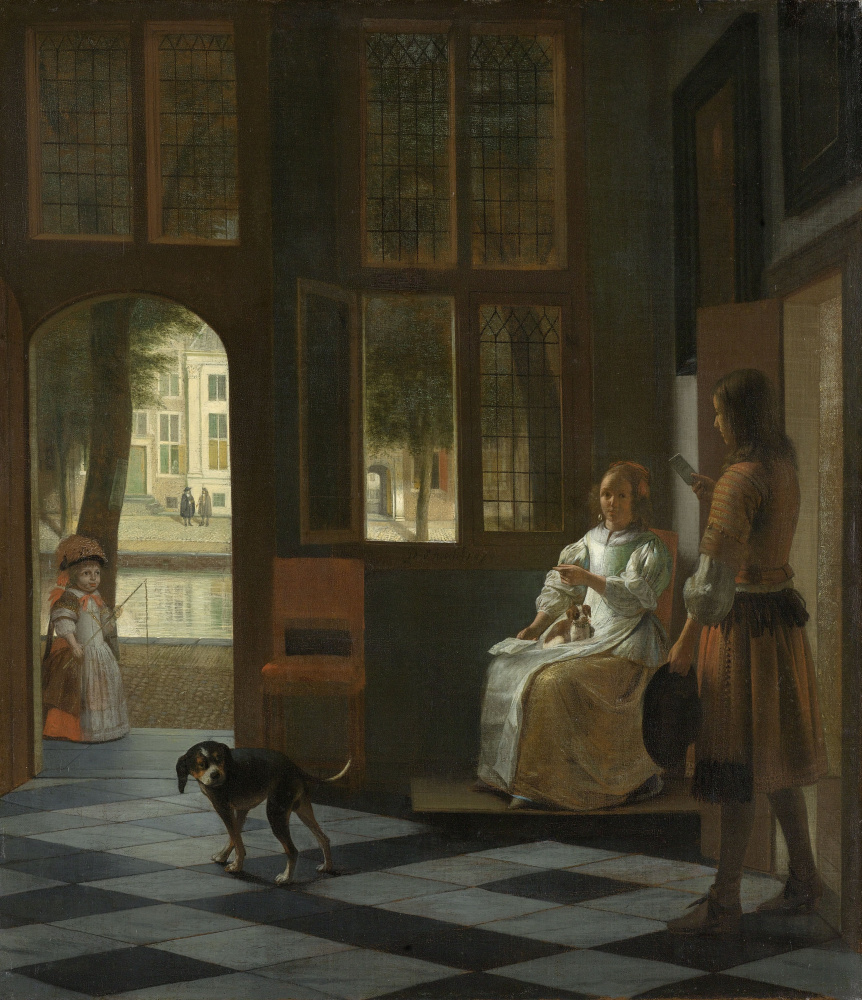 Pieter de Hooch. The man gives a letter to the woman in the hallway