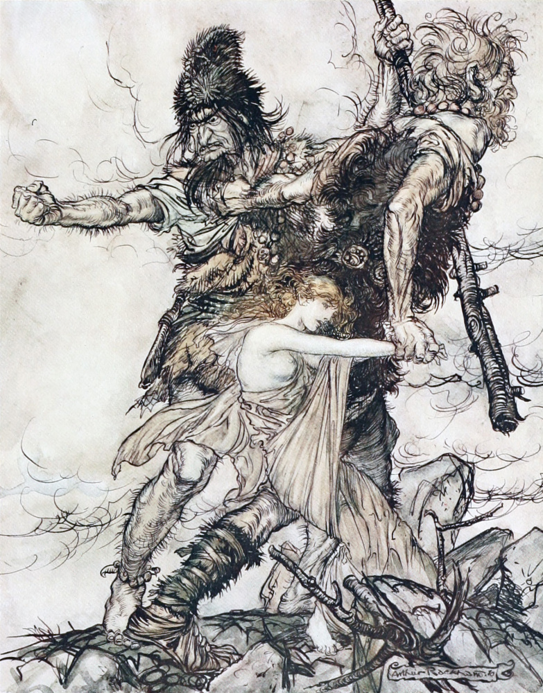 Arthur Rackham. Fasolt and Fafner seized Freya