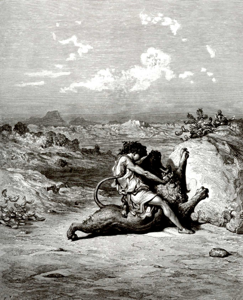 Paul Gustave Dore. Bible illustration: Samson kills a lion