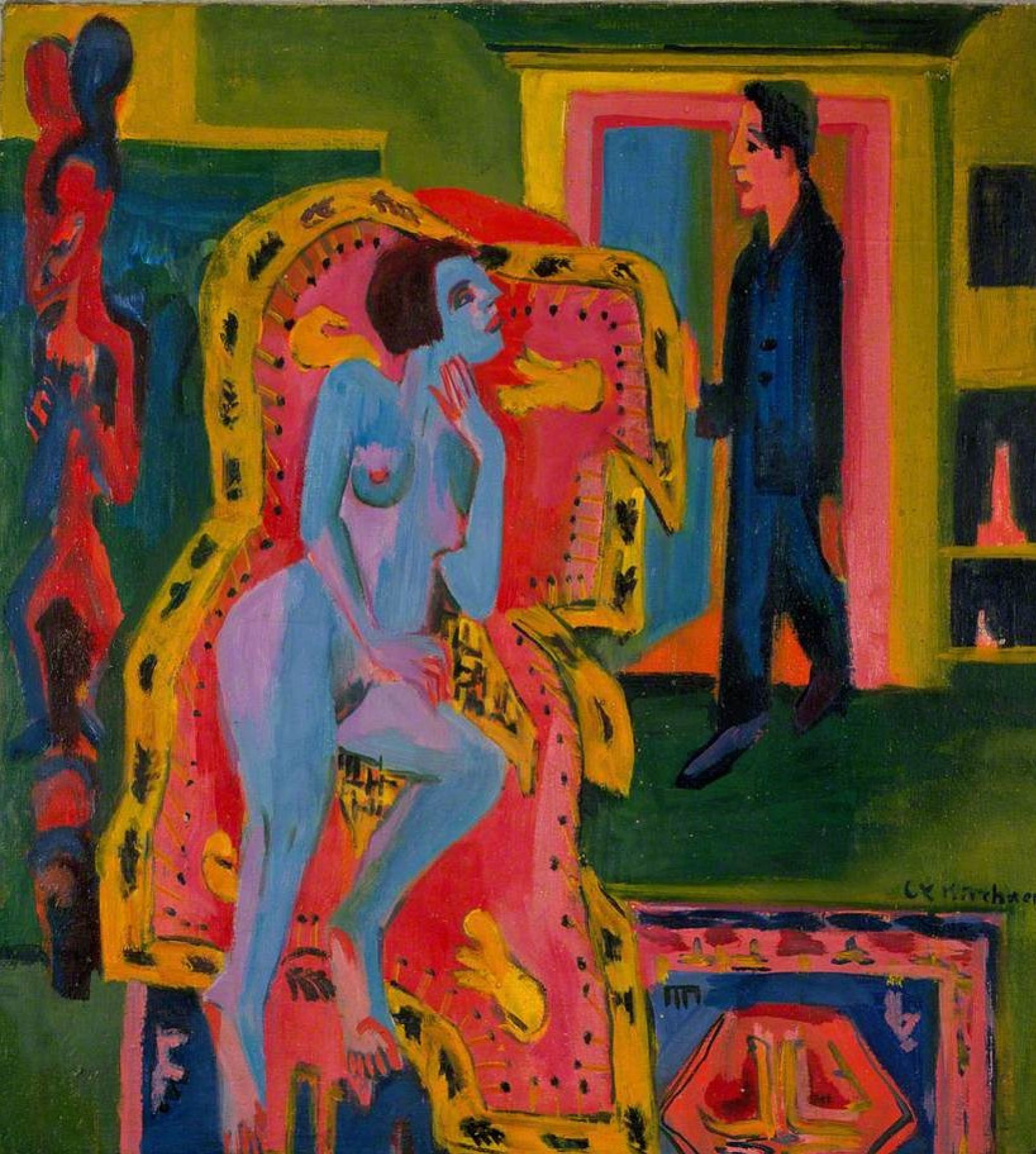 Ernst Ludwig Kirchner Interior con una mujer desnuda y un hombre., 1924,  113×113 cm: Descripción de la obra | Arthive