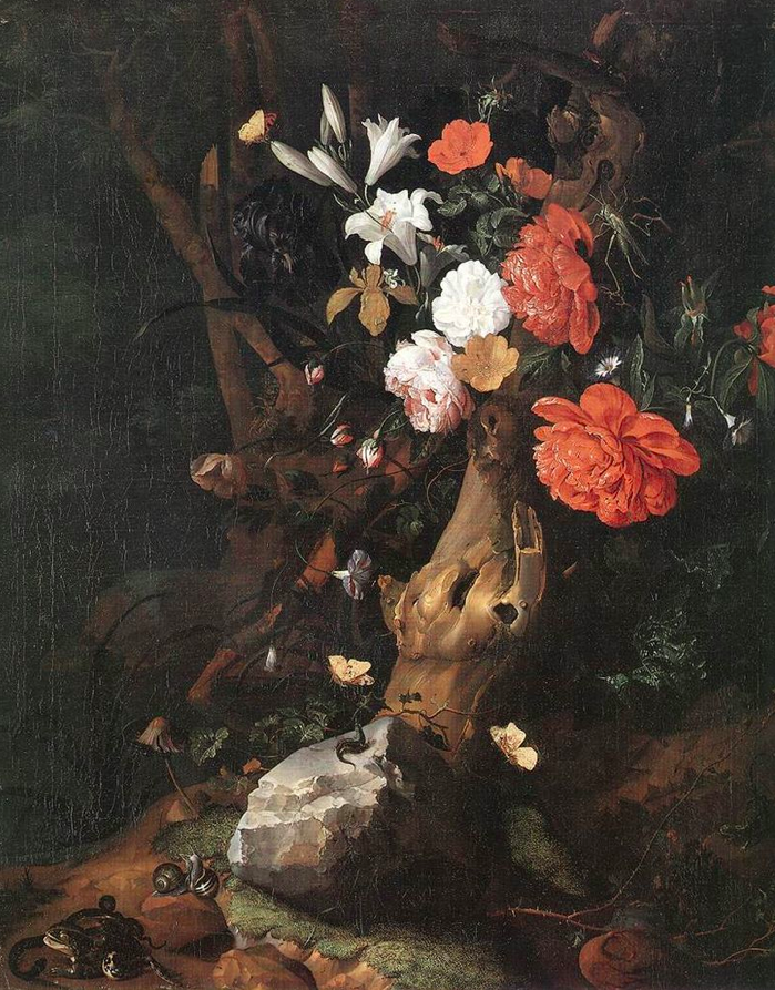 Rachelle Ruysch. Flowers on a tree trunk