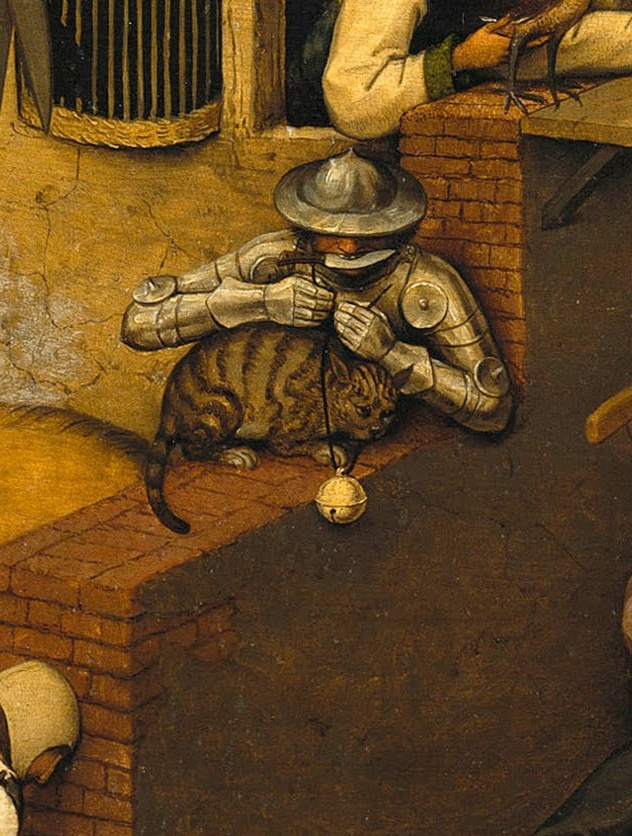Pieter Bruegel The Elder. Flemish proverbs. Fragment: Hanging a bell on a cat - to commit a dangerous and unreasonable act