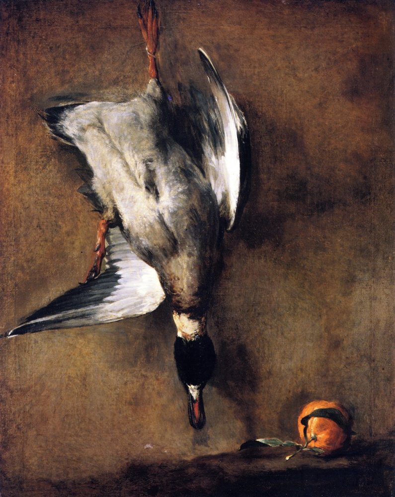 Jean Baptiste Simeon Chardin. Drake mallards hanging on the wall, and a Seville orange