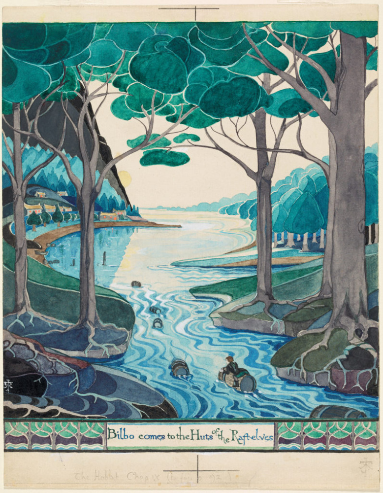 John Ronald Reuel Tolkien. Bilbo floats on a Forest river