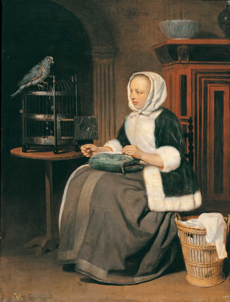 Gabriël Metsu. Girl with sewing and parrot