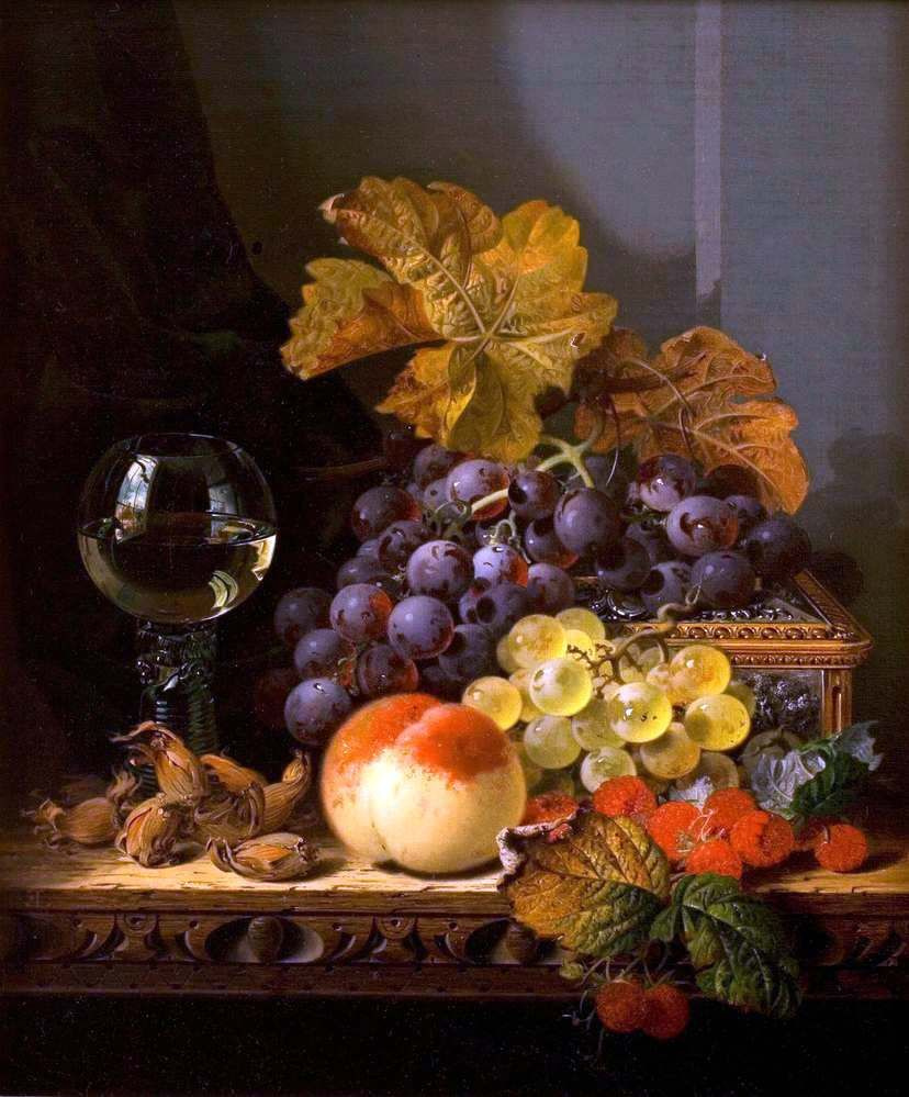 Edward Laddell. Bodegón con frutas, frutos secos y un vaso.