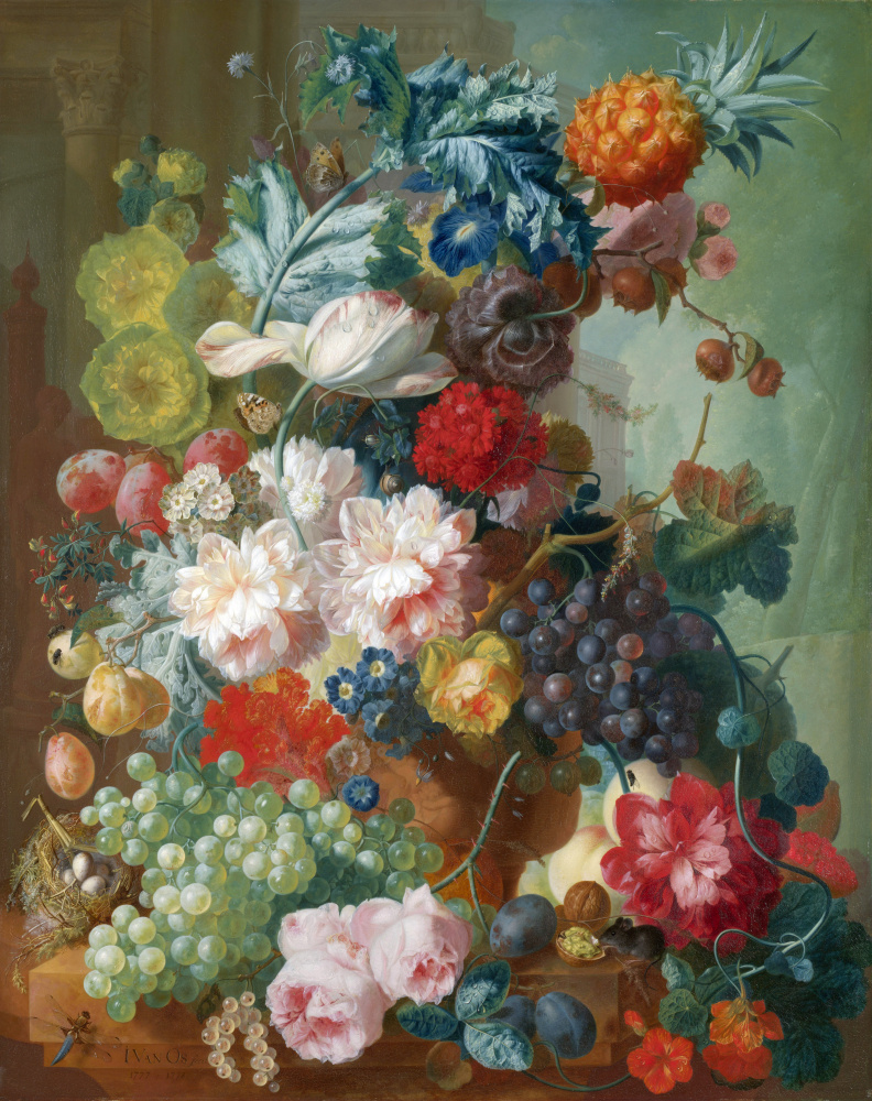 Jan van Os. Fruit and flowers in a terracotta vase