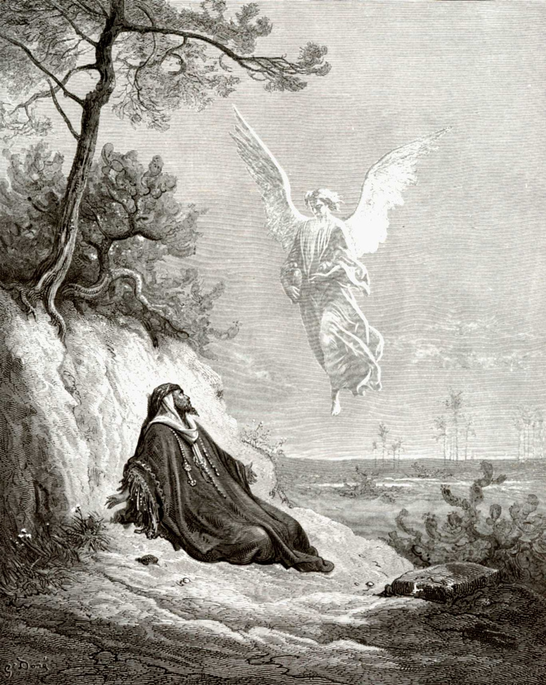Paul Gustave Dore. Illustration to the Bible: Angel brings food and drink to the prophet Elijah