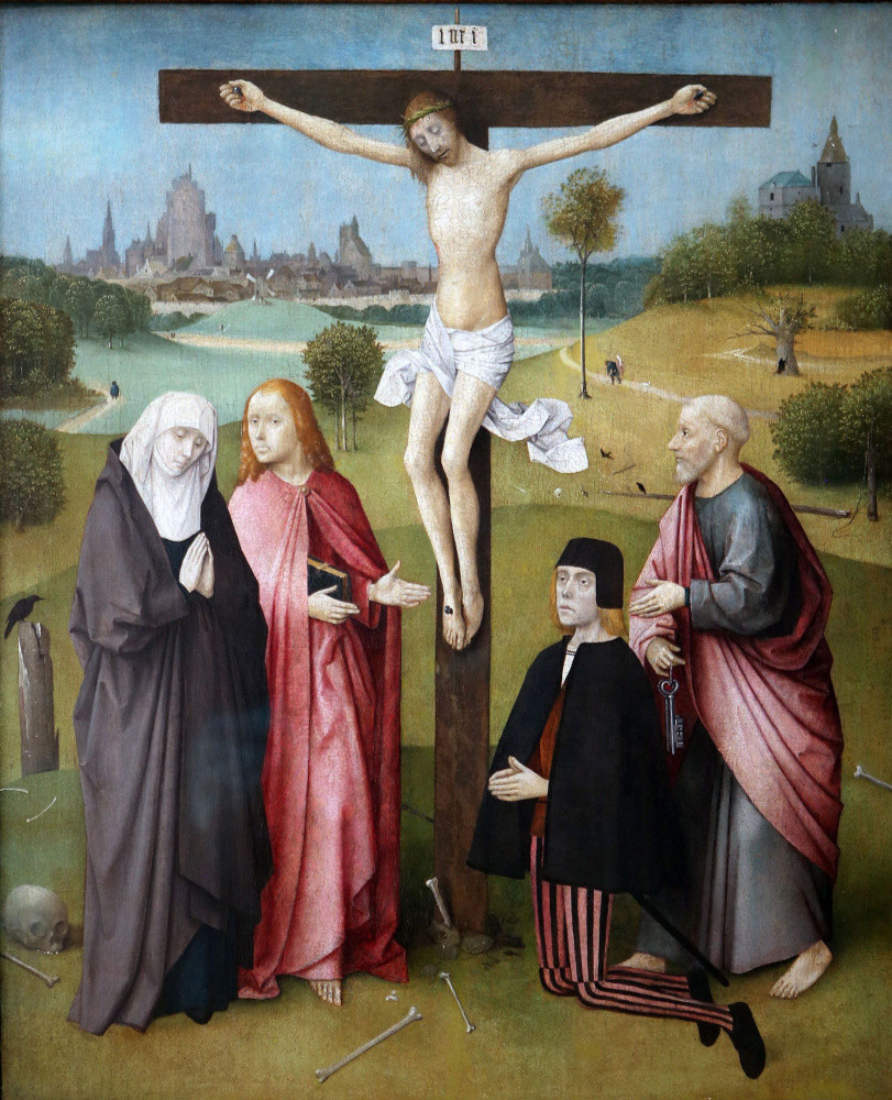Hieronymus Bosch. The crucifixion with the virgin, St John, the Apostle Peter and a donor