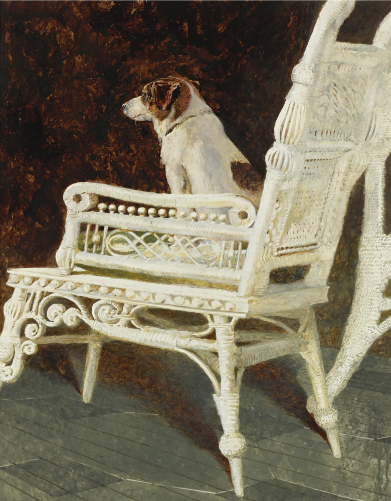 Jamie Wyeth. The dog the Yolk in a wicker chair
