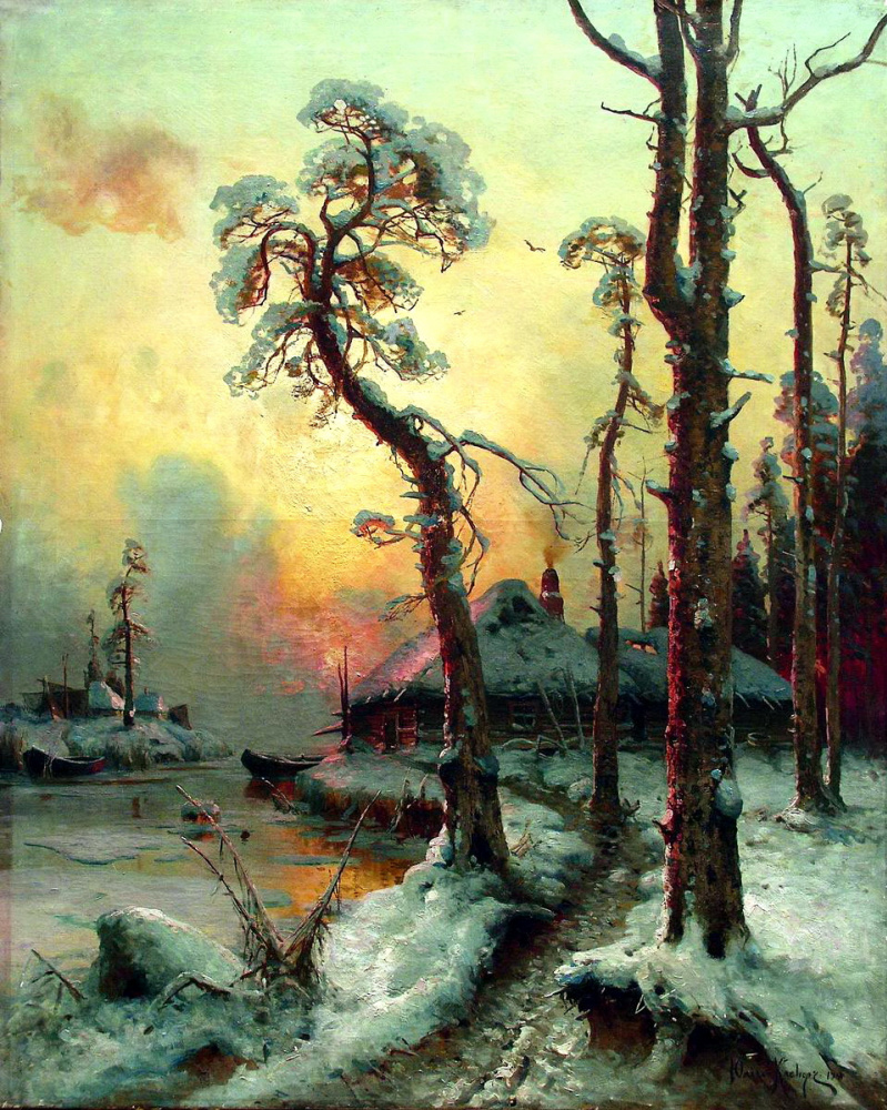 Julius Klever. Winter landscape with river and houses