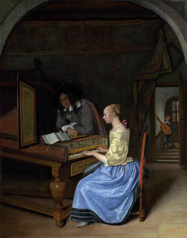 Jan Steen. Girl playing the harpsichord to a young man