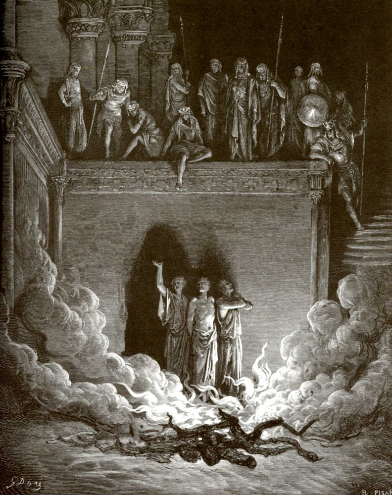 Paul Gustave Dore. Illustration to the Bible: three ladies in a hot oven