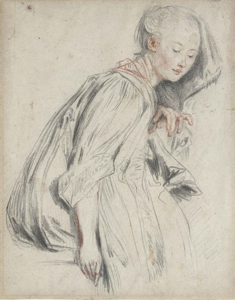 Antoine Watteau. A seated young woman, in a loose robe, her eyes downcast