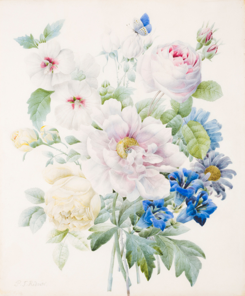 Pierre-Joseph Redoute. Bouquet: peonies, roses, gentian, hibiscus and blue butterfly