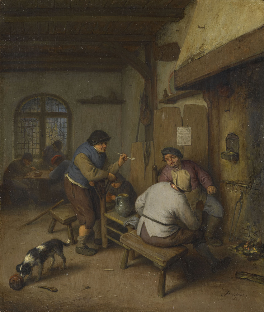 Adrian Jans van Ostade. Three peasants in a tavern by the hearth