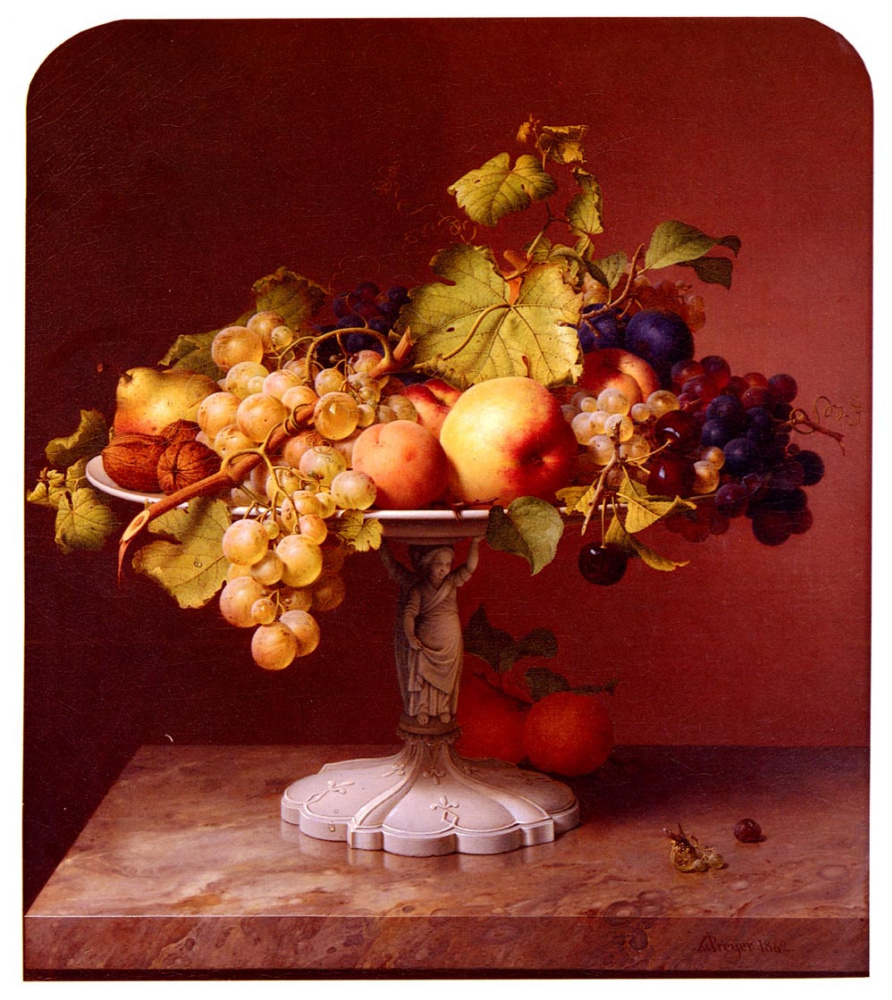 Johann Wilhelm Prairie. Still life with a vase with fruit on a marble table