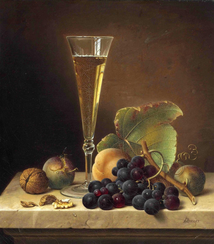 Johann Wilhelm Prairie. Fruit and champagne glass on a marble ledge.