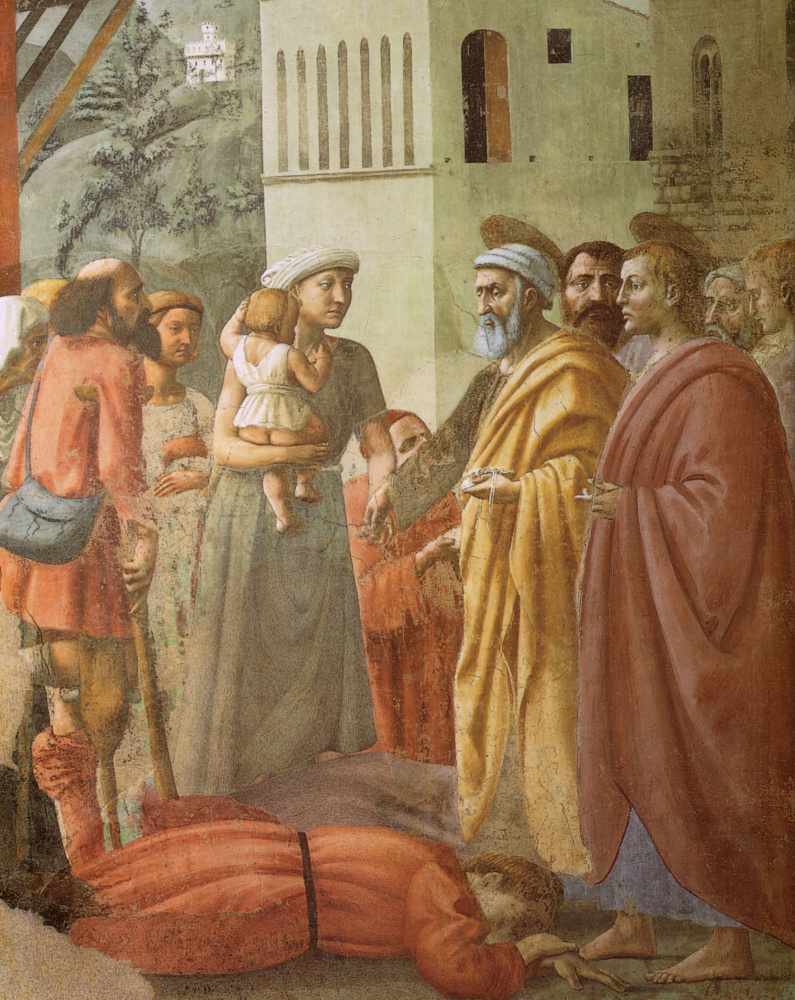 Tommaso Masaccio. Brancacci Chapel. Distribution of alms and death of Ananias. Fragment of the fresco after restoration