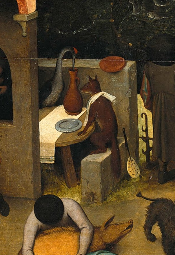 Pieter Bruegel The Elder. Proverbi fiamminghi. Frammento: una volpe e una gru si intrattengono l'un l'altro - due imbroglioni ricordano sempre il loro profitto. Essere uno scoop per la schiumatura è un parassita. A che serve un bel piatto, se non hai niente da mettere sopra? - la 