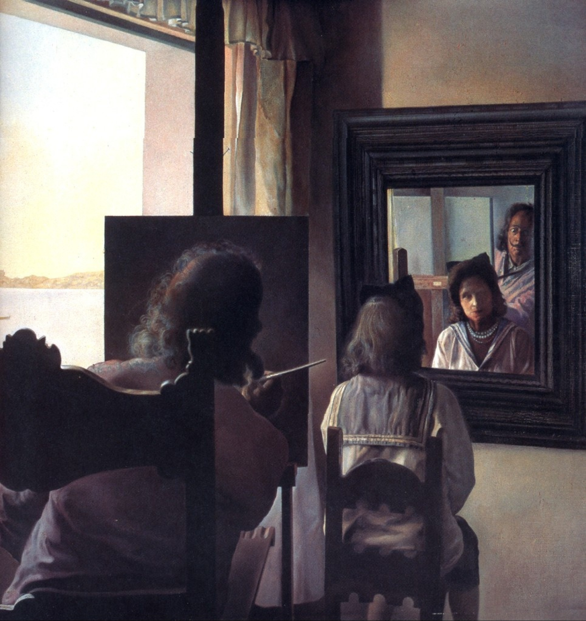 Dali, with his back turned, painting a portrait of Gala, his back