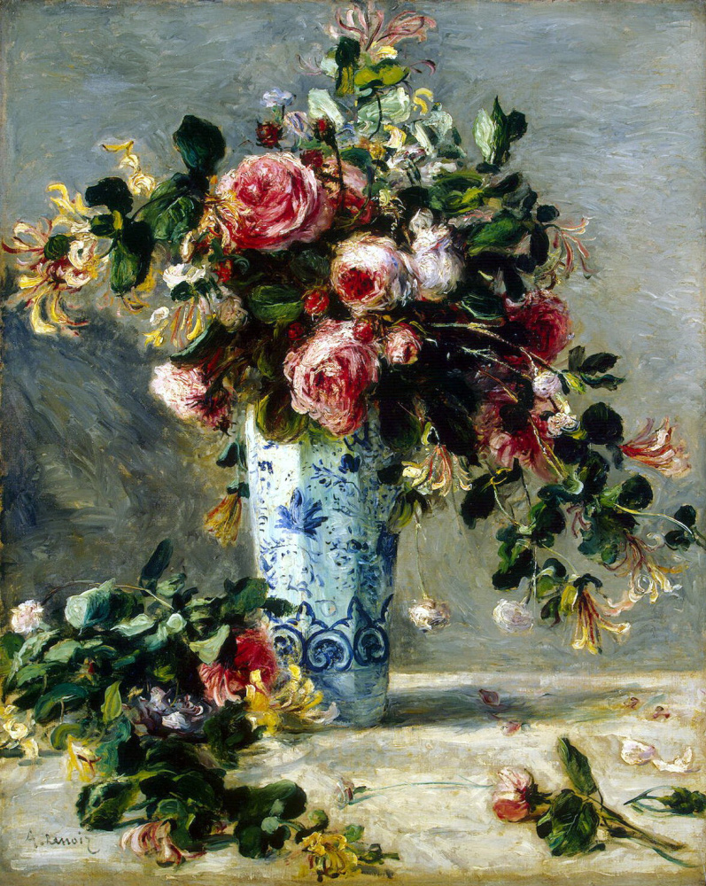 Pierre-Auguste Renoir. Roses and Jasmine in a Delft vase